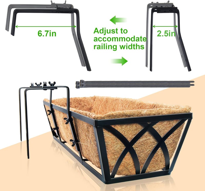 YM 24 Inch Window Deck with Coco Liner, 24" Window Boxes Horse Trough with Coconut Coir Liner, Fence Metal Hanging Flower Planter Window Basket Deck Railing Planter Boxes for Outdoor Garden Lawn, 2pcs - Image 3